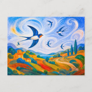 Carte Postale Hirondelles glissant dans le ciel venteux d'une co