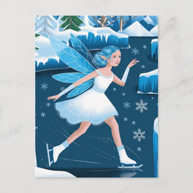 Carte Postale Hiver Adorable Patinage sur glace Fée Bleu Blanc (Devant)