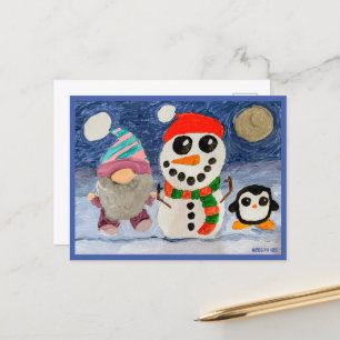 Carte Postale Hiver Amusement avec Gnome, Snowman et Penguin
