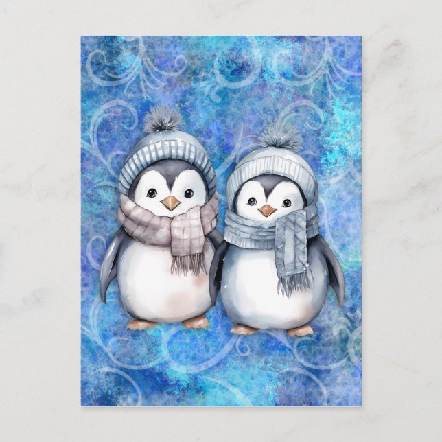 Carte Postale Hiver Bleu Aquarelle Pingouins Écarts Casquette (Devant)
