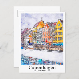 Carte Postale Hiver Copenhague Danemark Aquarelle Main tirée