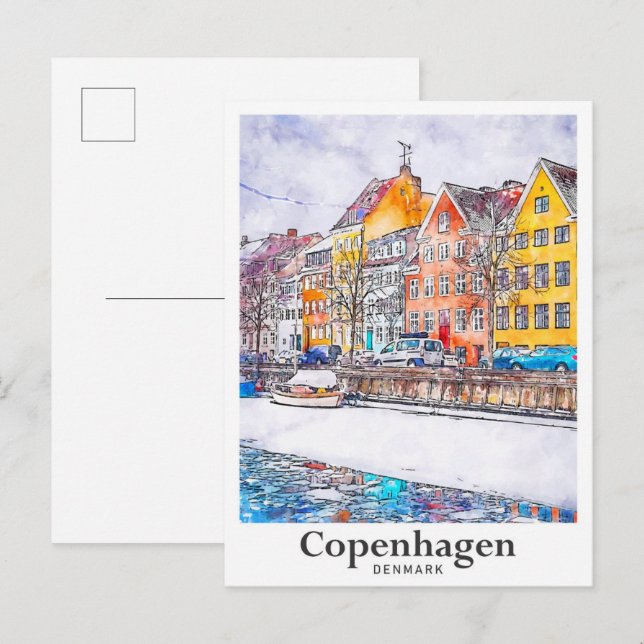 Carte Postale Hiver Copenhague Danemark Aquarelle Main tirée (Devant / Derrière)