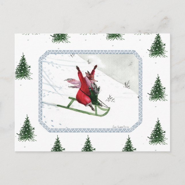 Carte Postale Hiver Joy Fox Rabbit Tobogganing vacances (Devant)