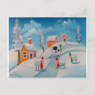 Carte Postale hiver neige scène moutons folk art