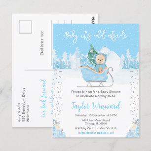 Carte Postale Hiver Ours Bleu Baby shower couleigh