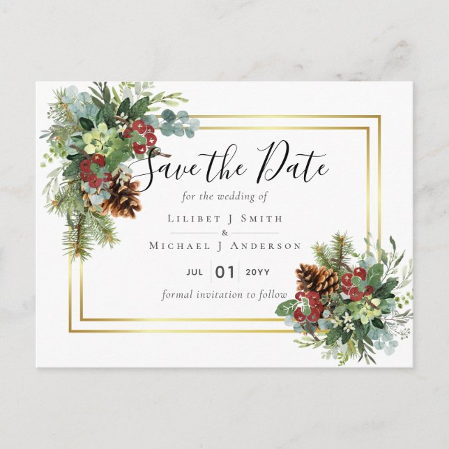 Carte Postale Hiver Red Berries Pine Cones Mariage (Devant)