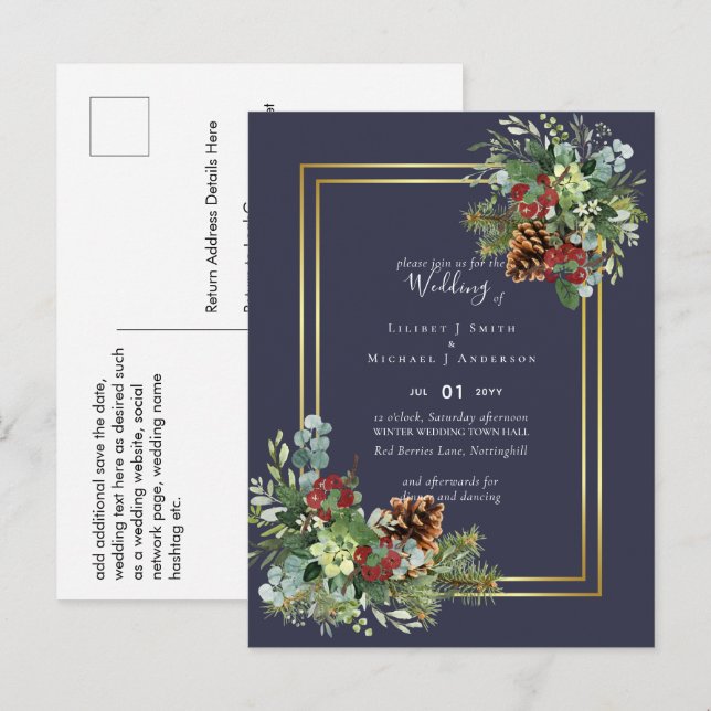 Carte Postale Hiver Red Berries Pine Cones Mariage (Devant / Derrière)