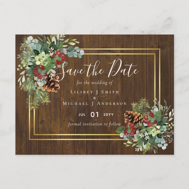 Carte Postale Hiver Red Berries Pine Cones Mariage (Devant)