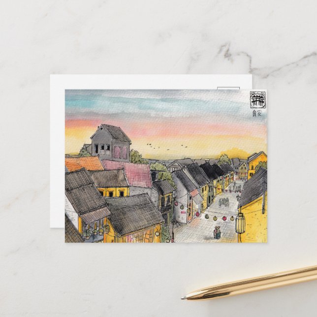 Carte Postale Hoi Vue Cityville Du Toit Au Coucher Du Soleil (Devant/Arrière en situation)