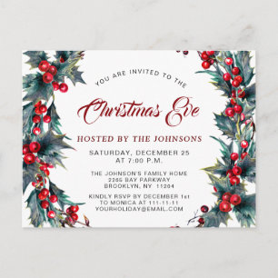 Carte Postale Holly Berry Wreath Watercolor Soirée de Noël