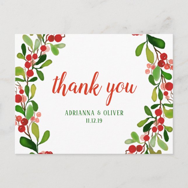 Carte Postale Holly Feuilles Berry Noël | MERCI MARIAGE (Devant)