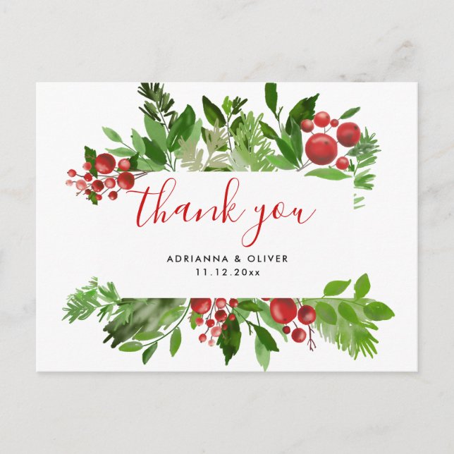 Carte Postale Holly Red Berry Noël Mariage moderne Merci (Devant)
