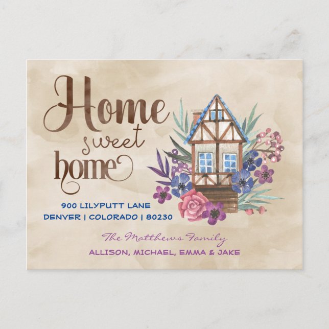 Carte Postale Home Sweet Home Floral Aquarelle Moving (Devant)