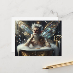 Carte Postale Homme aîné de fée Cheveux gris dans le Bubblebath