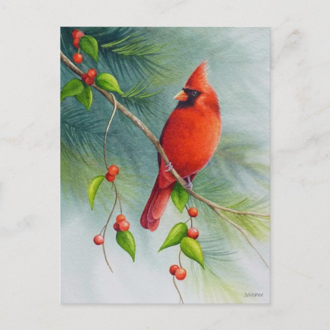 Carte Postale Homme Cardinal Nord Oiseau Aquarelle Art (Devant)