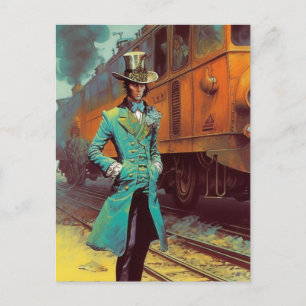 Carte Postale Homme chapeau haut de forme vintage et le train