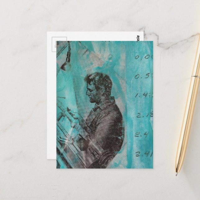 Carte Postale Homme de menuiserie rétro sur fond bleu (Devant/Arrière en situation)