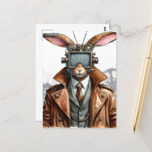 Carte Postale Homme lapin à vapeur vintage avec TV sur la tête