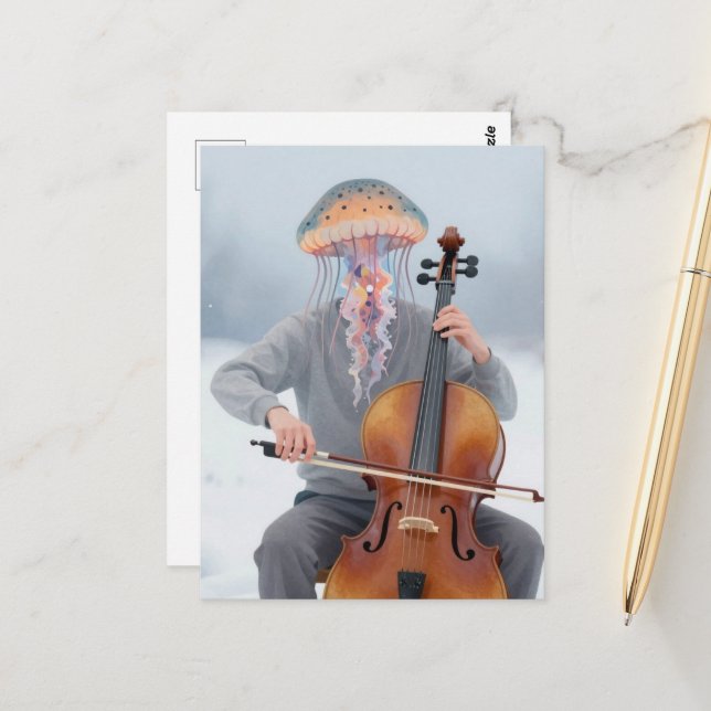 Carte Postale Homme Méduse Ridicule Faisant de la Musique (Devant/Arrière en situation)