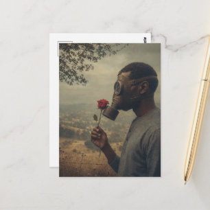 Carte Postale Homme rétro avec un masque à gaz et une rose rouge