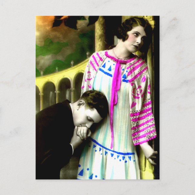 Carte Postale Homme romantique Embrasser la main de la femme Vin (Devant)