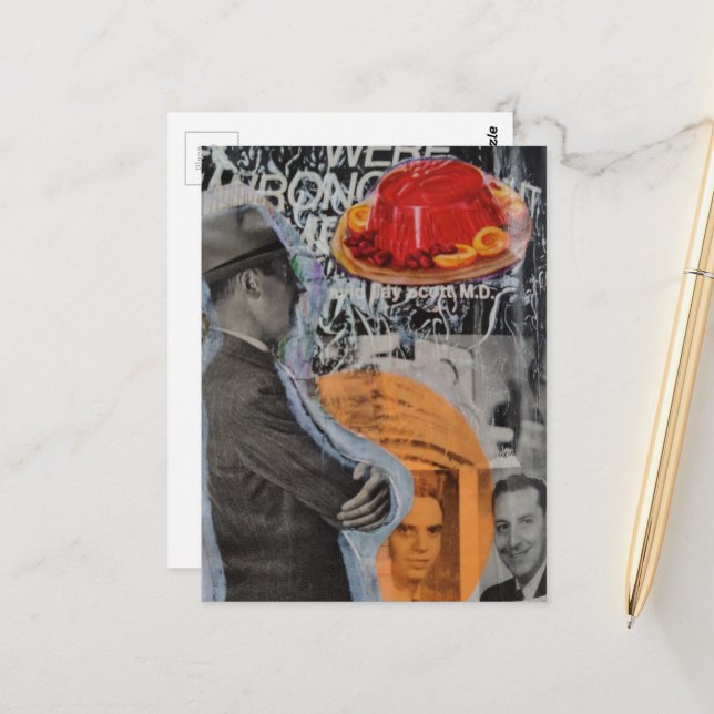Carte Postale Homme vintage avec collage de dessert flottant (Devant/Arrière en situation)