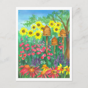 Carte Postale Honey Bee Skep Sunflowers