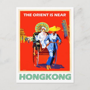 Carte Postale Hong Kong, dame en pousse-pousse, voyage vintage