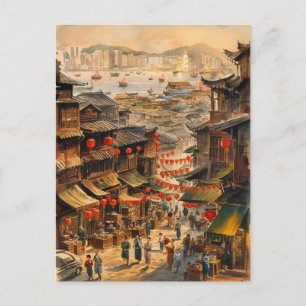 Carte Postale Hong Kong, rue de la Chine Peinture Vintage