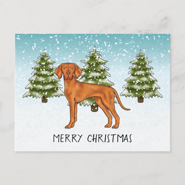 Carte Postale Hongrois Vizsla Chien Snowy Winter Forest Festin (Devant)