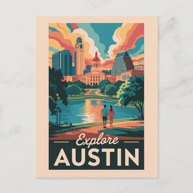Carte Postale Horizon d'Austin Texas Art de voyage Vintage (Devant)