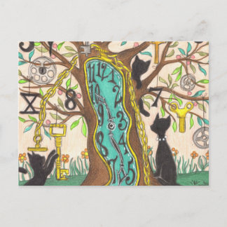 Carte Postale Horloge à fondre dans l'arbre avec chats