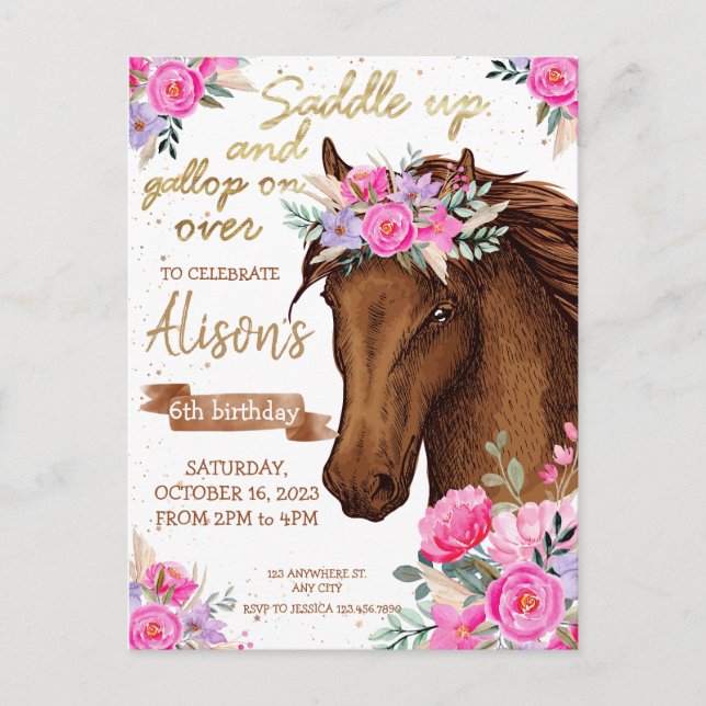 Carte Postale Horloge fête d'anniversaire Editable Horse Cowgirl (Devant)