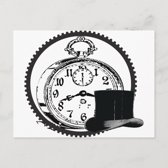 Carte Postale horloge vapeur, engrenage, casquette (Devant)