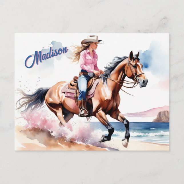 Carte Postale Horseback Cowgirl équitation sur la plage par Ocea (Devant)