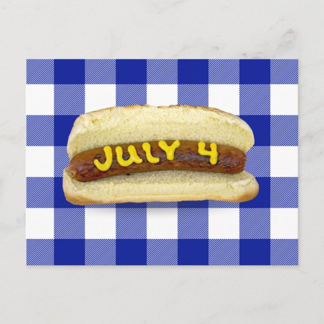 Carte Postale Hot Dog du 4 Juillet sur Plaid de Buffalo  (Devant)