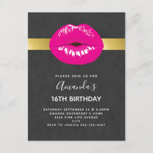 Carte Postale Hot Rose Lèvres Glamour Invitation Anniversaire