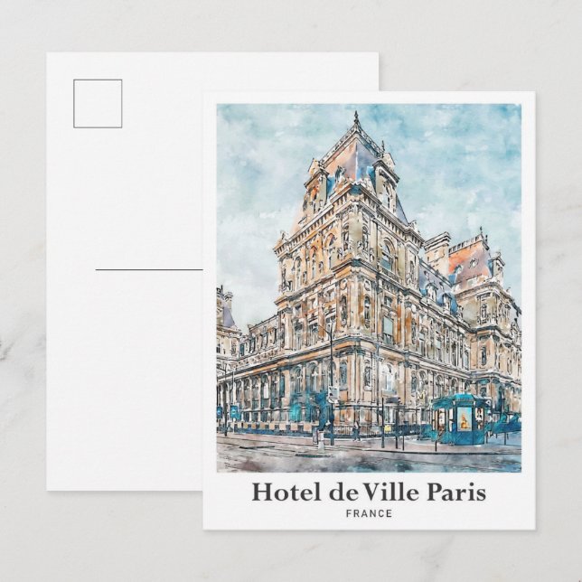 Carte Postale Hôtel de Ville Paris Aquarelle Voyage Main tirée (Devant / Derrière)