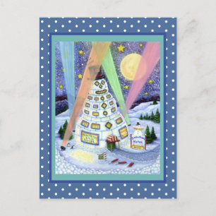 CARTE POSTALE HÔTEL FUNNY SNOWMAN, LUMIÈRES DU NORD ET PENGUINS