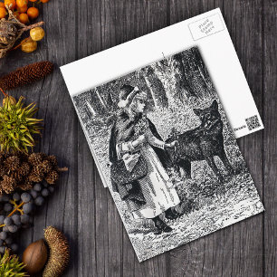 Carte Postale Hotte vintage à équitation rouge en bois avec loup