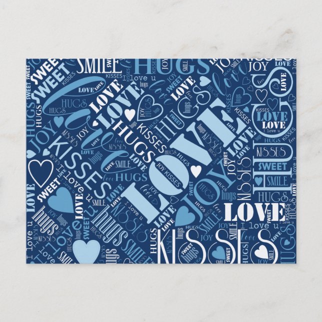 Carte Postale Hugs and Kisses Word Cloud Blue ID286 (Devant)