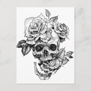 Carte Postale Human skull and roses black ink drawing
