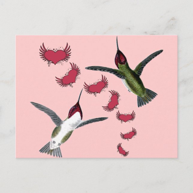Carte Postale Humming Birds Grunge Hearts with Wings (Devant)