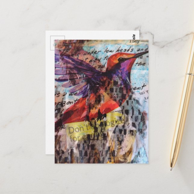 Carte Postale Hummingbird don't apologize for caring mixed media (Devant/Arrière en situation)