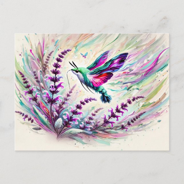 Carte Postale Hummingbird Hawk-Moth avec Sage dans peinture à l' (Devant)