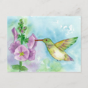 Carte Postale Hummingbird Hollyhocks Watercolor