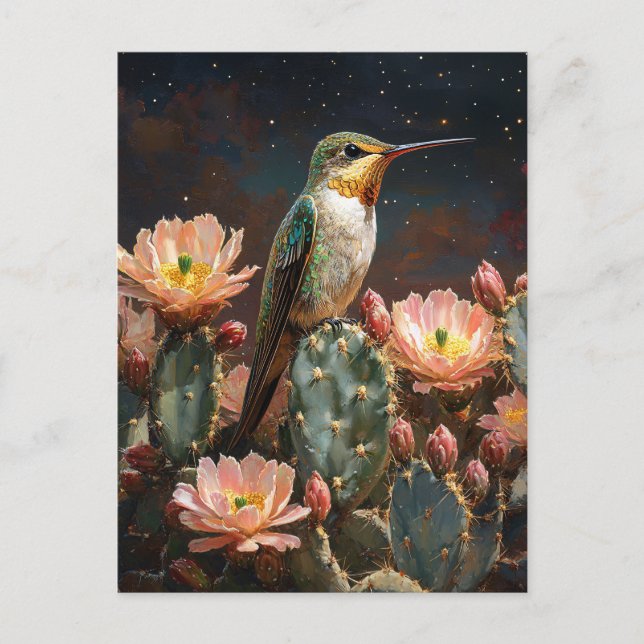Carte Postale Hummingbird on a Blooming Cactus (Devant)
