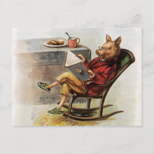 Carte Postale Humour vintage, Cochon en Rocking Chaise Lire un l