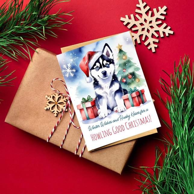 Carte Postale Husky chiot Noël salutations chien gens (Siberian husky puppy Christmas greeting postcards watercolor cute husky puppy in Santa hat gift box )