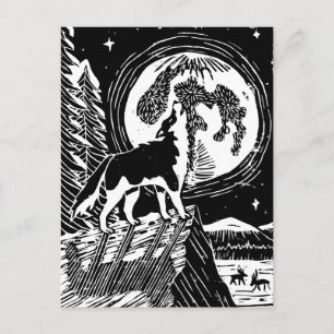 Carte Postale Husky hurlant noir et blanc la nuit Linogravure